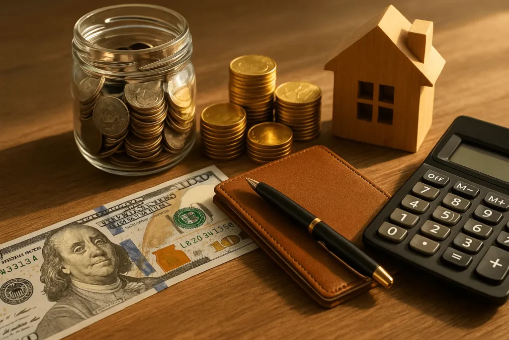 یک تصویر از عناصر مرتبط با برنامه‌ریزی مالی شامل یک اسکناس ۱۰۰ دلاری، یک ماشین حساب، یک خودکار روی یک دفترچه چرمی قهوه‌ای، یک خانه چوبی کوچک و دسته‌هایی از سکه‌های طلا و سکه‌های داخل یک شیشه در پس‌زمینه چوبی. این صحنه مفهوم پس‌انداز، سرمایه‌گذاری و محاسبات مالی را منتقل می‌کند.