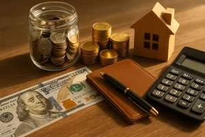 یک تصویر از عناصر مرتبط با برنامه‌ریزی مالی شامل یک اسکناس ۱۰۰ دلاری، یک ماشین حساب، یک خودکار روی یک دفترچه چرمی قهوه‌ای، یک خانه چوبی کوچک و دسته‌هایی از سکه‌های طلا و سکه‌های داخل یک شیشه در پس‌زمینه چوبی. این صحنه مفهوم پس‌انداز، سرمایه‌گذاری و محاسبات مالی را منتقل می‌کند.