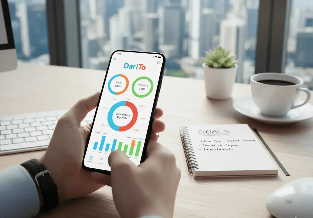 تصویری از دست‌هایی که یک گوشی هوشمند با اپلیکیشن مدیریت مالی DariTO را در دست دارند، با نمودارهای رنگارنگ هزینه‌ها و یک بخش برای "Unnecessary Expenses" (هزینه‌های غیرضروری) روی صفحه نمایش. در پس‌زمینه، یک میز کار با یک لپ‌تاپ، یک فنجان قهوه و یک دفترچه یادداشت که در آن "Goals" (اهداف) مانند "New Car" (ماشین جدید) و "Travel to Japan" (سفر به ژاپن) نوشته شده، دیده می‌شود. پنجره‌ای بزرگ با منظره‌ای از آسمان‌خراش‌های یک شهر مدرن، فضای باز و حرفه‌ای را به تصویر می‌کشد. مدیریت مالی شخصی با اپلیکیشن. بهترین نرم افزار مدیریت هزینه های شخصی اندروید